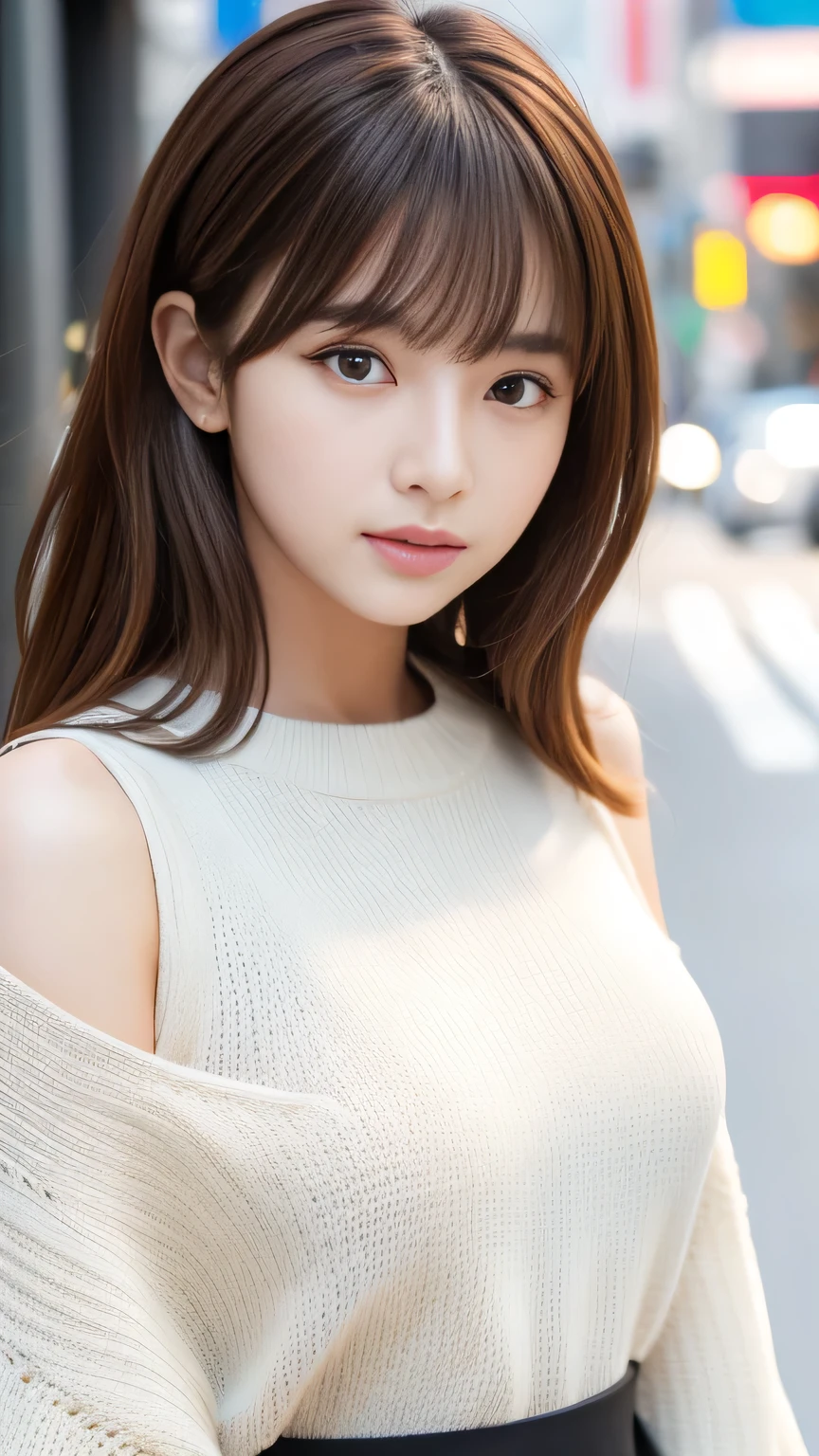 Ultra-high resolution, Superior Quality, Highest quality, Super detailed, Realistic, 8K, RAW Photos, Highest quality, masterpiece, Attractive girl, A wonderful girl, Brown Hair, Shoulder-length layered, Asymmetrical bangs, K-Pop Idols, Sophisticated, stylish, White knit, Shibuya Ward,