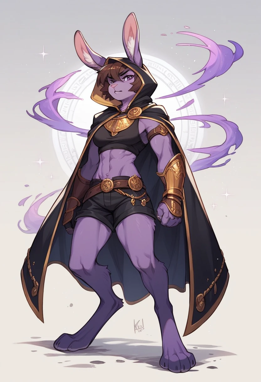 create a picture of a half rabbit character with purple giant rabbit digitigrade legs with white paws, put purple rabbit ears on top of her head, make her wearing a royal looking black cloak with golden accents and black gauntlets with purple lights, put purple fur on her arms from her elbows down, give her short brown hair, make her legs look fluffy and furry, make her look like she’s leaping, make it in an anime style, keep her barefoot, make her nude underneath the cloak, make the gauntlets black, give her purple nipples