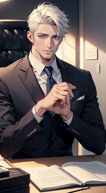 (best quality,4k,8k,highres,masterpiece:1.2),ultra-detailed,(realistic,photorealistic,photo-realistic:1.37),1 man,31 years old,mature man,very handsome,without expression,smile,short white hair,blue eyes,penetrating gaze,perfect face without errors,imposing posture,businessman,office background,cinematic lighting,hdr image