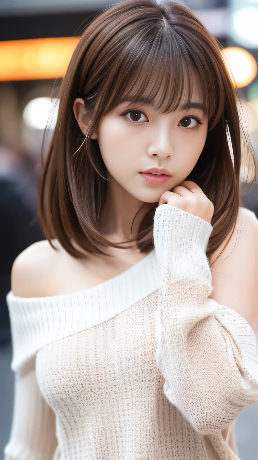 Ultra-high resolution, Superior Quality, Highest quality, Super detailed, Realistic, 8K, RAW Photos, Highest quality, masterpiece, Attractive girl, A wonderful girl, Brown Hair, Shoulder-length layered, Asymmetrical bangs, K-Pop Idols, Sophisticated, stylish, White knit, Shibuya Ward, 