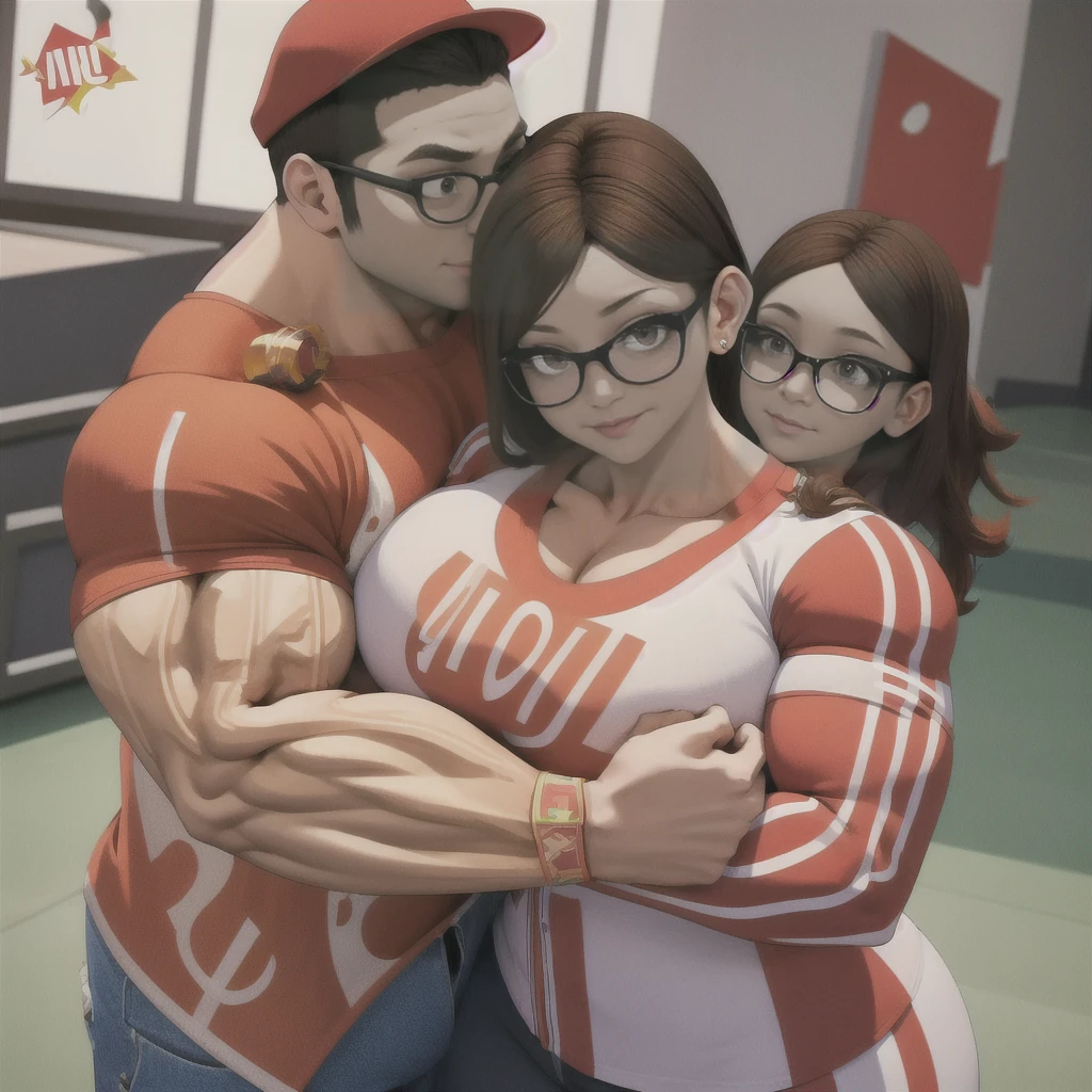 girl and boy:1), smiling, ((high resolution illustration)), ((extremely detailed)), (couple), Alya, Nino, Nino X Alya, (best quality,4k,8k,highres,masterpiece:1.2), ultra-detailed, realistic:1.37, HDR, studio lighting, extreme detail description, nino wearing a red cap, professional, vibrant colors, bokeh, ((muscular female bodybuilder)), detailed lips, strong embrace, romantic scene, intimate moment, intense passion, athletic bodies, fitness couple, gym background, muscular definition, sculpted muscles, sweat glistening, powerful kiss, muscular arms, loving couple, bodybuilding lifestyle,dark hair boy kissing his (big muscle girlfriend), skinny brown eye's boy, and a big muscle dark brown hair.