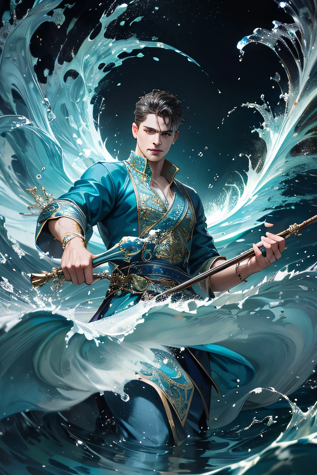 "Create an ultra-realistic image of a handsome 42-year-old man holding an aqua magical staff that emanates the powerful essence of water. Depict him surrounded by flowing currents, cascading waves, and shimmering droplets to highlight his command over the element of aqua. He should have an aqua sign marked on his body, signifying his role as the keeper of aqua and showcasing the dynamic, fluid energy of water he possesses within him."