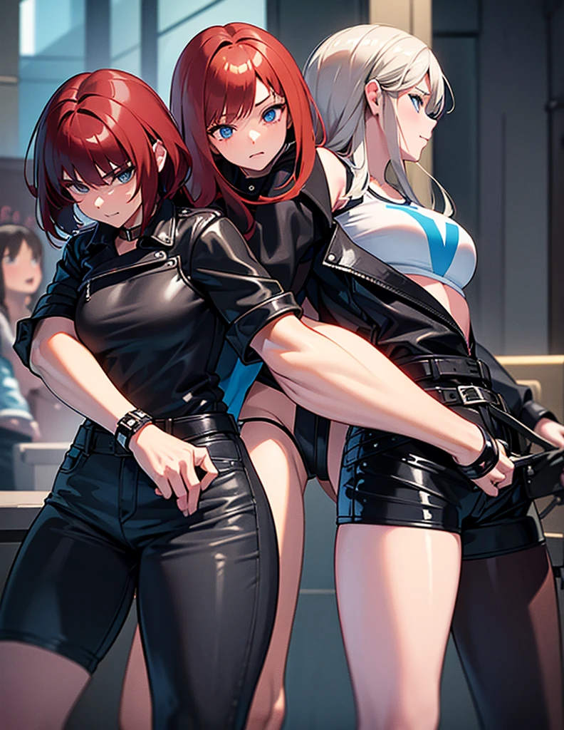 Two young girls, a young red-haired girl with blue eyes wearing a black leather jacket and a short white shirt with short blue denim shorts, and the second girl, a young girl with long black hair, blue eyes, a black leather jacket and a black shirt with short blue denim shorts., in a battle, dos chicas fightndo, fight