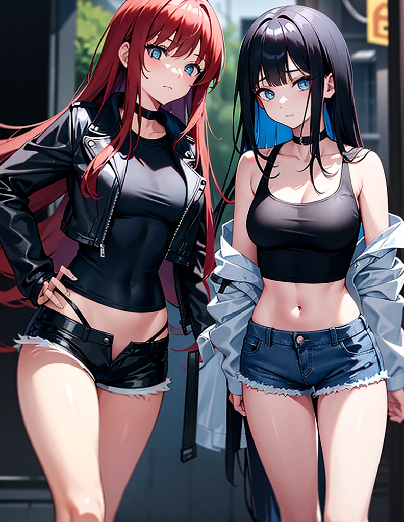 Two young girls, a young red-haired girl with blue eyes wearing a black leather jacket and a short white shirt with short blue denim shorts, and the second girl, a young girl with long black hair, blue eyes, a black leather jacket and a black shirt with short blue denim shorts., in a battle, dos chicas fightndo, fight