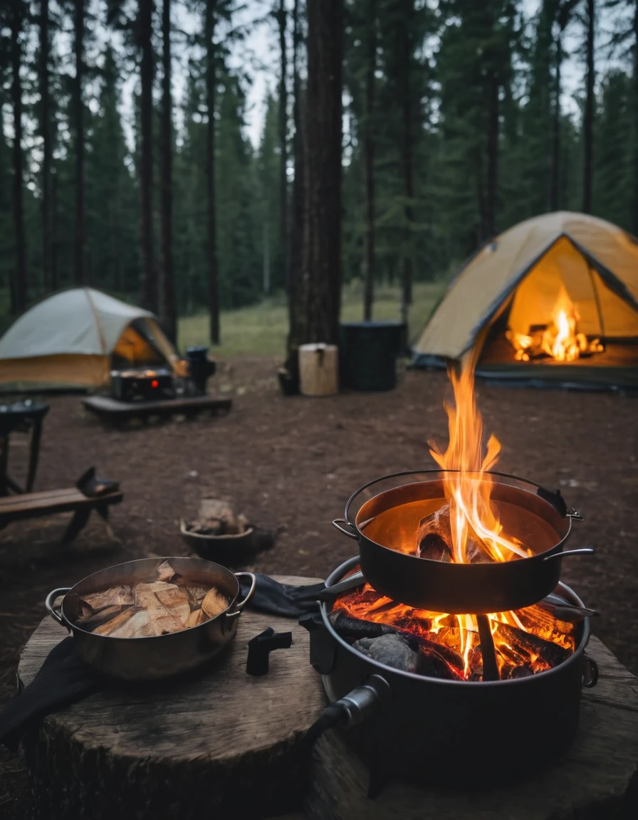 there is a camp stove and a kettle on a table, barrel fires and tents, camping, interior of a tent, campfire in background, adventuring gear, camp fire, cozy environment, glamping, cozy setting, campsites, adventure gear, at a campfire in the forest, campfire, accurate and detailed, night time, outdoor campfire pit, peaceful environment