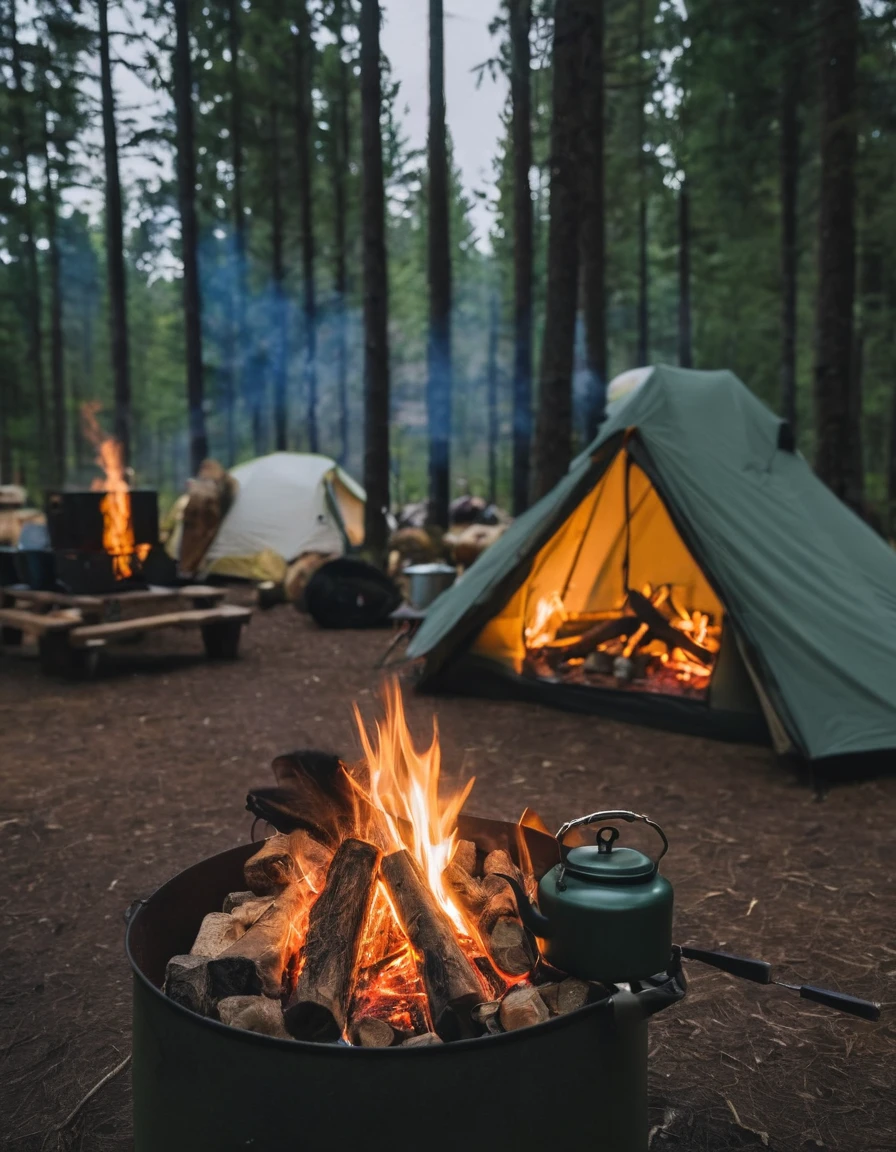 there is a camp stove and a kettle on a table, barrel fires and tents, camping, interior of a tent, campfire in background, adventuring gear, camp fire, cozy environment, glamping, cozy setting, campsites, adventure gear, at a campfire in the forest, campfire, accurate and detailed, night time, outdoor campfire pit, peaceful environment