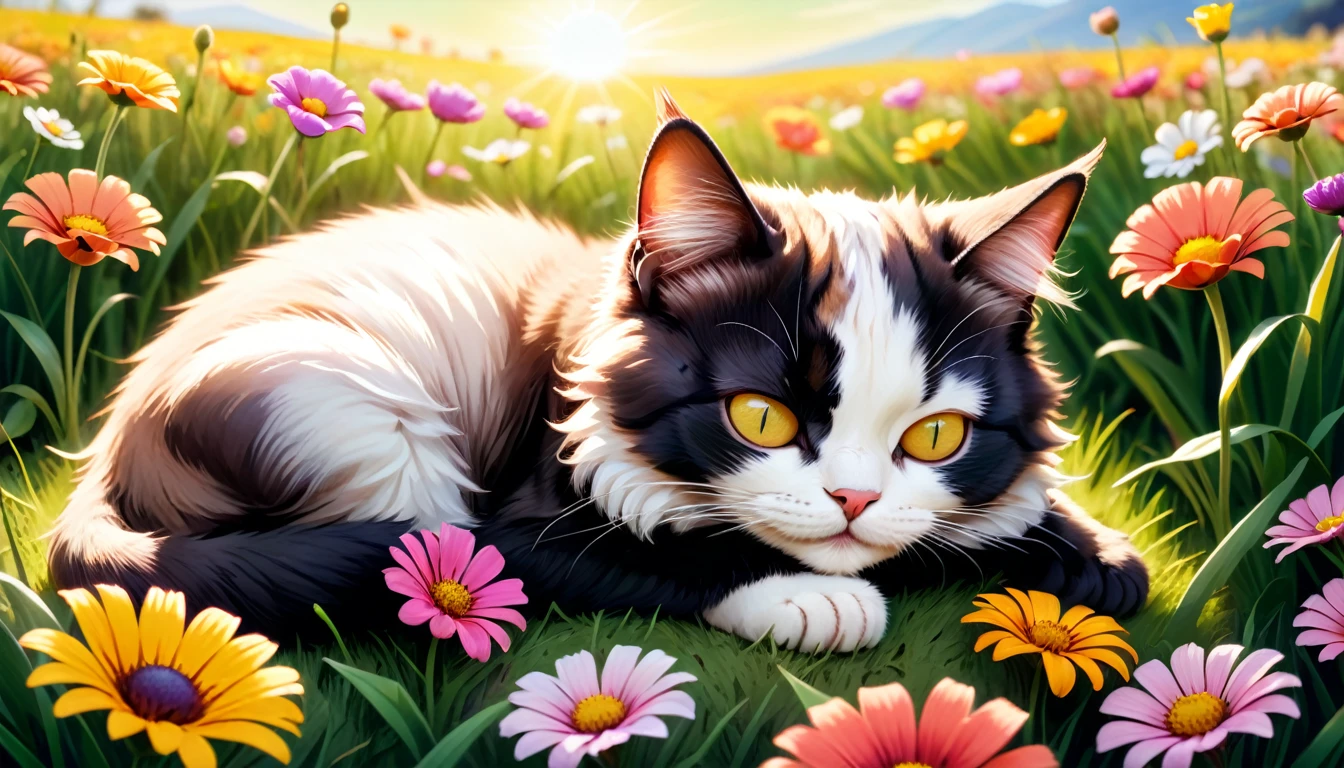 C4tt4stic, (photography film style), anthropomorphic cute Cat Napping in a Flower Field, Colorful flowers, soft grass, a small pillow for the cat, cute bright flower field with sunlight streaming in, Lying down with eyes closed, looking content and peaceful, Relaxation and tranquility in nature, 2D, colorful, warm atmosphere, shiny, Jean-Baptiste Monge style