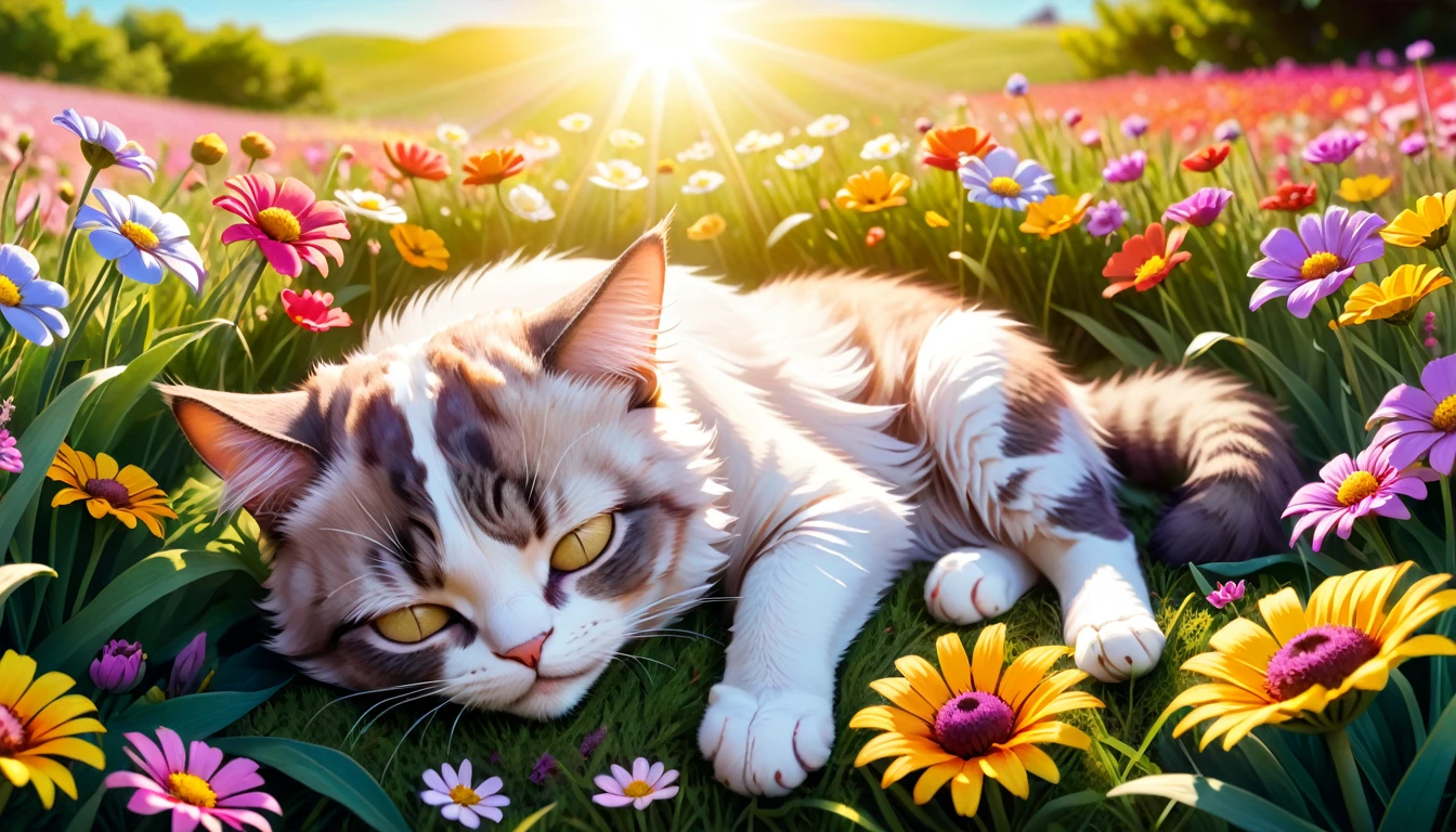 C4tt4stic, (photography film style), anthropomorphic cute Cat Napping in a Flower Field, Colorful flowers, soft grass, a small pillow for the cat, cute bright flower field with sunlight streaming in, Lying down with eyes closed, looking content and peaceful, Relaxation and tranquility in nature, 2D, colorful, warm atmosphere, shiny, Jean-Baptiste Monge style