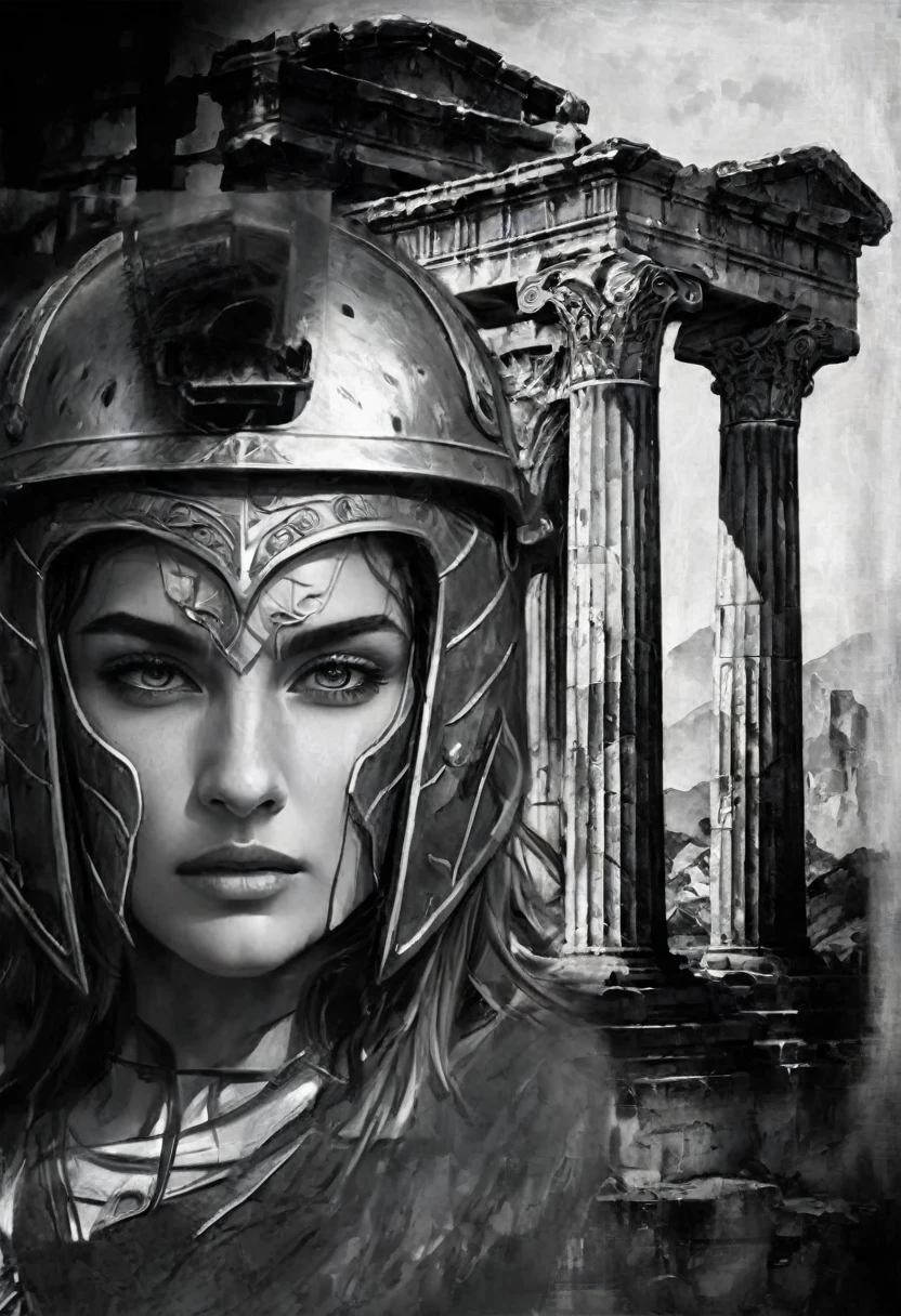 Arafed image of a woman wearing a helmet and armor., digital painting greek myth, greek goddess athena, ancient ruins behind her, goddess. extremely high detail, roman goddess, Artgerm and WLOP, athena goddess of wisdom, 3 d goddess minerva, Monochromatic airbrush painting., Lt. Tadeusz Pruszkówski