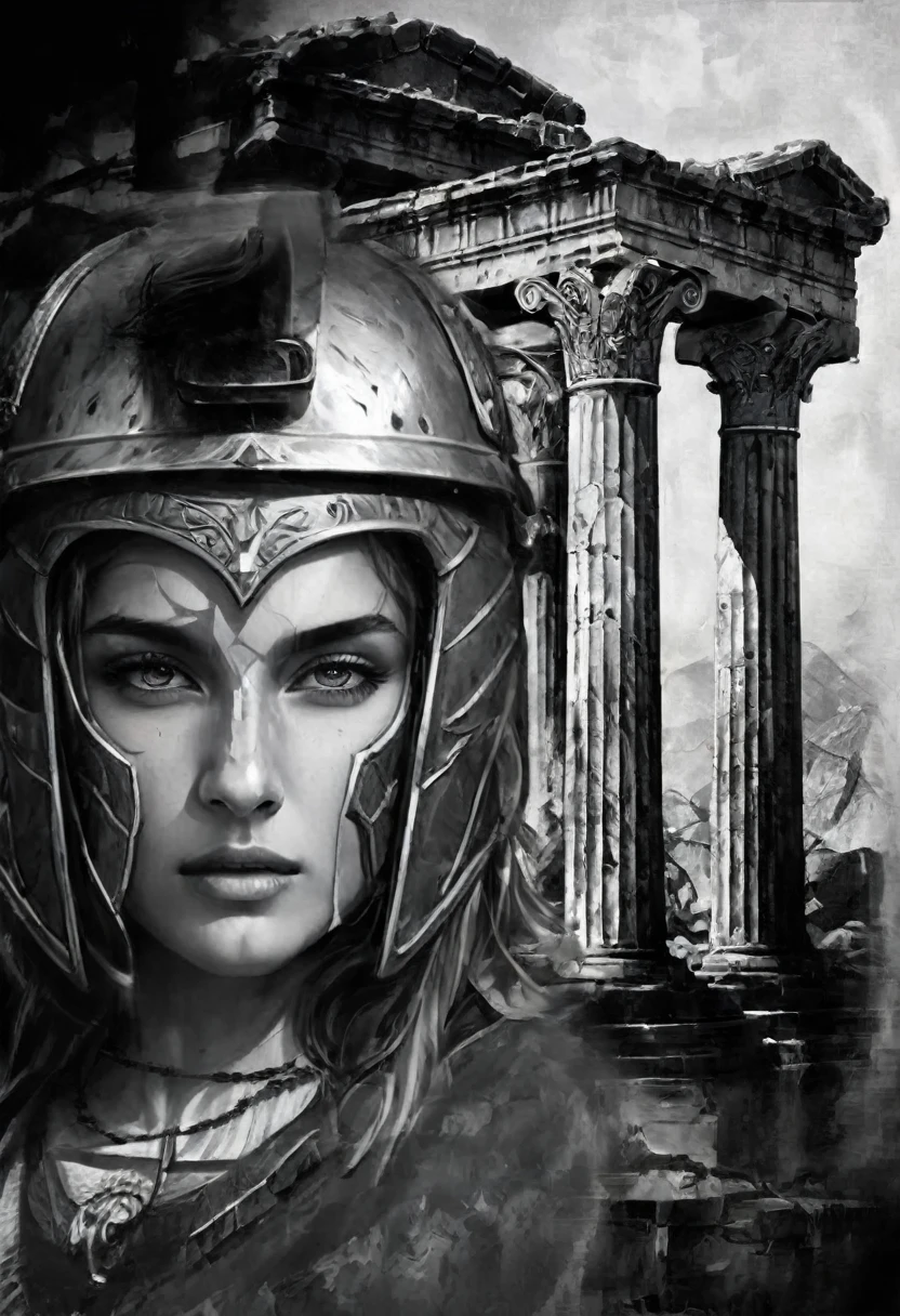 Arafed image of a woman wearing a helmet and armor., digital painting greek myth, greek goddess athena, ancient ruins behind her, goddess. extremely high detail, roman goddess, Artgerm and WLOP, athena goddess of wisdom, 3 d goddess minerva, Monochromatic airbrush painting., Lt. Tadeusz Pruszkówski