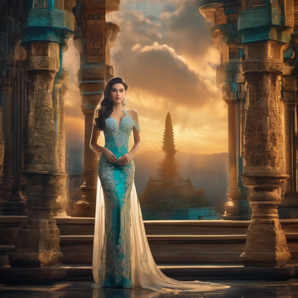 Generate a (hyperdetailed, realistic, Full Body), photo of (Nia, a serene smile), (((turquoise color eyes))), (((long, silky, straight, Ombre blend of shimmering silver and celestial blue hair))), (((Her long, silky hair is styled in a styled in a sleek updo, with wisps of hair framing her face for a soft and romantic look, and adorned with delicate floral accessories adding a touch of femininity, ))), (fair skin:1.4), (((Massive round natural breasts with deep cleavage))), (Massive round natural breasts:1.8), (Greek and Russian mix ethnicity), (hourglass figure, perfect body, NSFW, perfect anatomy, masterpiece, best quality, Fantasy setting). ((She is wearing a white color Javanese Kebaya, the soft fabric complementing her curves)). (((Full body))), Envision Nia dressed in the exquisite white color Javanese Kebaya, standing before a majestic ancient temple adorned with intricate carvings and towering spires. Stone walls of the temple bear the marks of centuries past, hinting at the rich history and cultural significance of the land. As the sun sets in the distance, casting a warm golden glow upon the scene, Nia's elegant figure is partially framed, allowing the viewer to appreciate her attire and posture. Industrial Light & Magic and wetafx vfx, adjust the exposure settings to brighten the image and bring out more detail, while increasing the contrast to add depth and clarity, (Fit, Athletic, Tall), (Massive round natural breasts), (Highly detailed facial and skin texture), (Best quality, ultra detailed, Golden ratio, Masterpiece:1.2), (Theatrical lighting:0.7, Perfect rare face), (Highly detailed skin), skin texture, Pale skin, shiny skin, (thin, large size:1.2), [:(Sharp focus on rare face, perfect eyes:1.2):0.2], hyperdetailed photography, UHD, realistic skin texture, shot with Canon EOS 5D Mark IV, highly detailed, sfumato and chiaroscuro photography by AGSI / Artificial Ghost in the Shell Intelligence, Roger Deakins Cinematography, directed by Ridley Scott.
