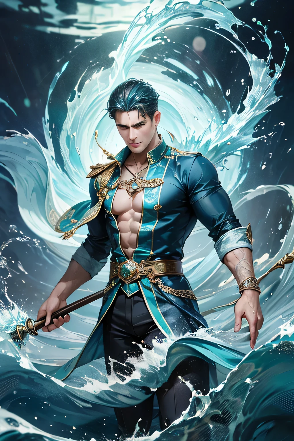 "Create an ultra-realistic image of a handsome 42-year-old man holding an aqua magical staff that emanates the powerful essence of water. Depict him surrounded by flowing currents, cascading waves, and shimmering droplets to highlight his command over the element of aqua. He should have an aqua sign marked on his body, signifying his role as the keeper of aqua and showcasing the dynamic, fluid energy of water he possesses within him."