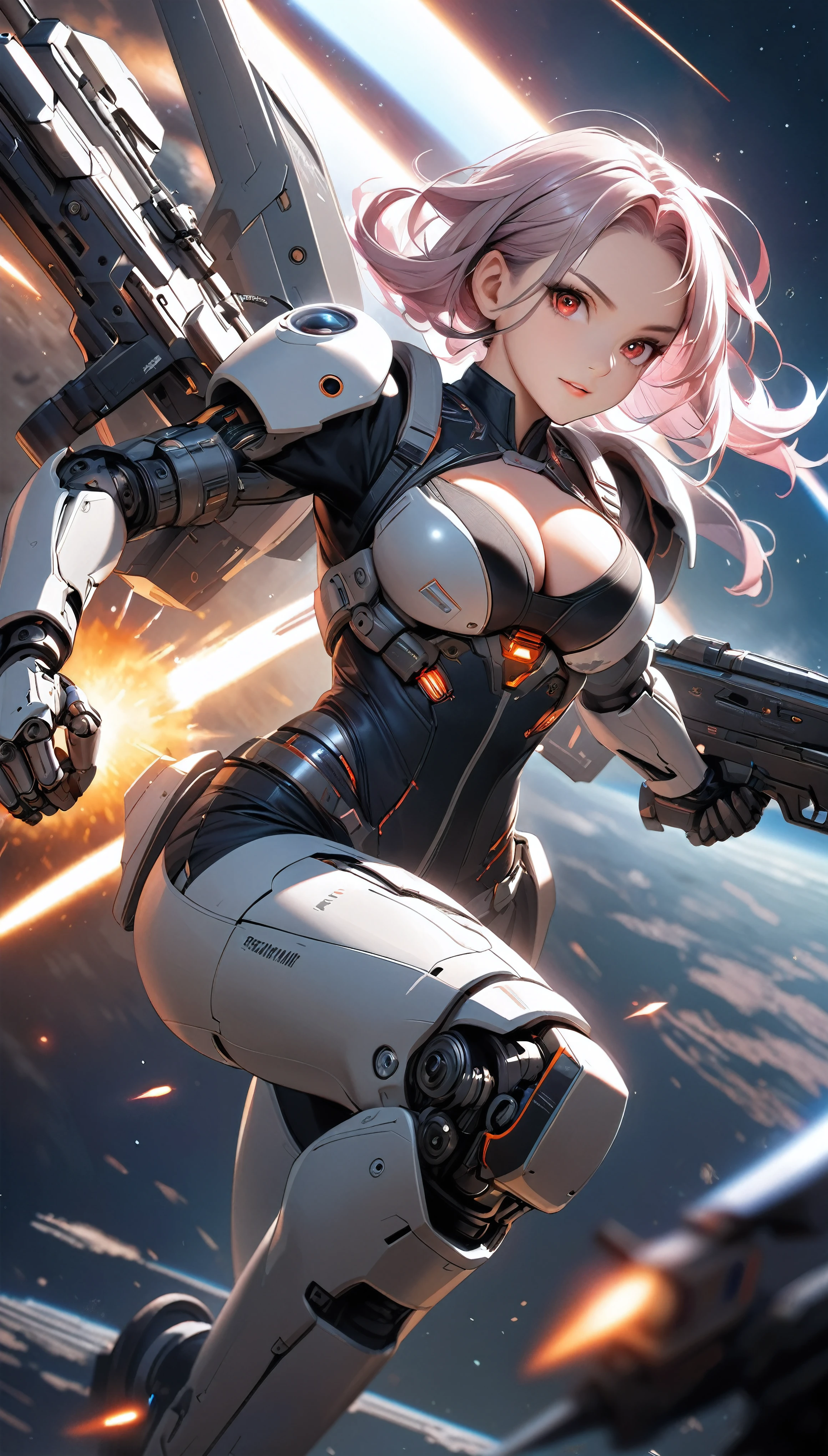 Attractive woman, gunner, cyborg, Realistic Babe,
BREAK: Fascinating Female Body, Detailed and precise mechanical joints, A seamless fusion of human beauty and precision machinery, Mature adult sex appeal,
BREAK Detailed and realistic skin texture, Precision Mechanical Joints, Smooth moving parts, Pneumatic hose, Alluring cleavage,
BREAK Clear Red Eyes, Aesthetic luminescence,
BREAK Transparent full color, Holographic Hair, Smooth expression,
BREAK Ultra-realism, Detailed and realistic skin texture, Detailed and intricate texture, Detailed and intricate brushwork, Detailed and clear depiction, Anatomically correct, Absurd aesthetics,
BREAK Attack with a sophisticated and high-performance beam rifle, Approach the viewer while avoiding enemy attacks,
BREAK Leaning forward to approach the viewer, Firing at the audience, Bullets approaching, Motion blur to emphasize the approaching bullet's trajectory, Combat Ready,
BREAK Space War, Aesthetic space combat, Transparent full color, Fantastic iridescent colors, A bold and powerful composition,
BREAK: Approaching the viewers, Motion blur to express explosive acceleration, Rapid approach using combat flight mode, Detailed and aesthetic movement,
BREAK Epic space war, A dark background that makes the subject stand out, dramatic cinematographic lighting,
(Dynamic wide full body shot:1.0, ankle in of frame:1.0),
BREAK Professional spray work, highest quality render, Highest quality, Highest Resolution, super retina vision,