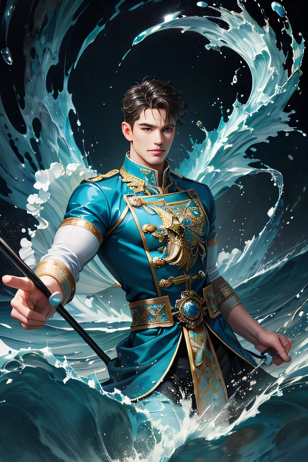 "Create an ultra-realistic image of a handsome 42-year-old man holding an aqua magical staff that emanates the powerful essence of water. Depict him surrounded by flowing currents, cascading waves, and shimmering droplets to highlight his command over the element of aqua. He should have an aqua sign marked on his body, signifying his role as the keeper of aqua and showcasing the dynamic, fluid energy of water he possesses within him."