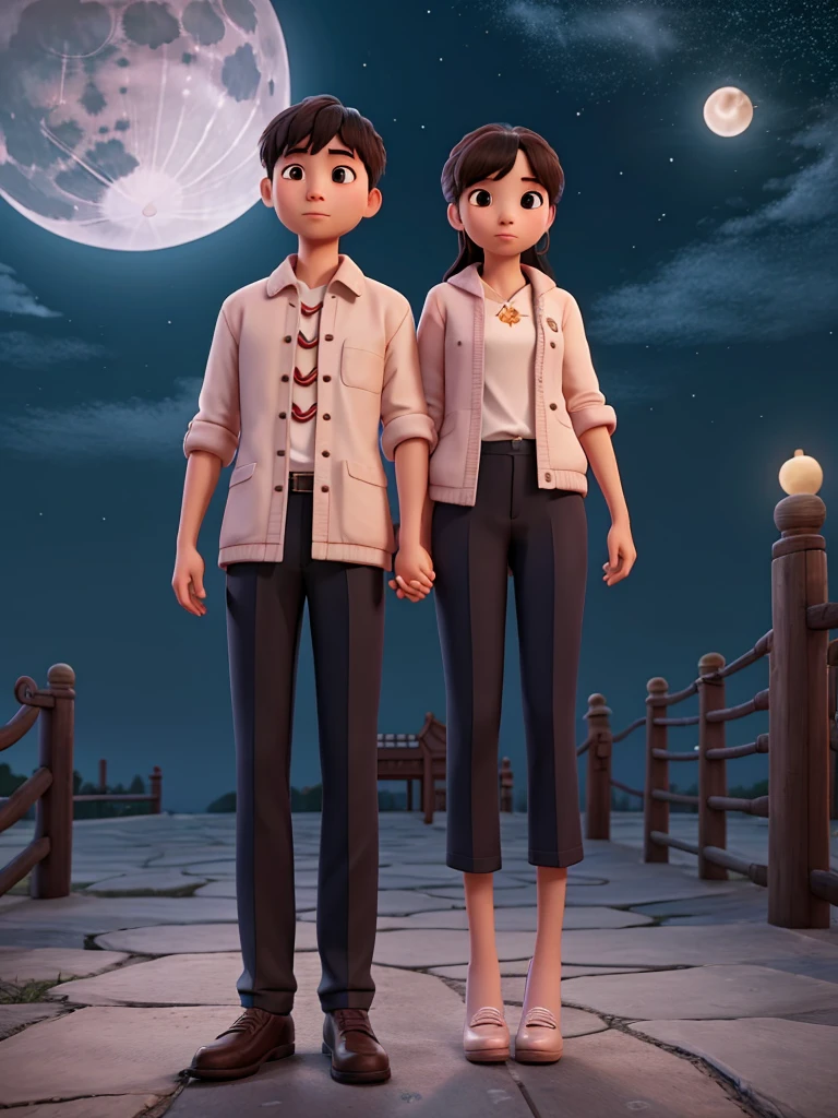 A girl and a Chinese man holding hands under the moon 🌑
