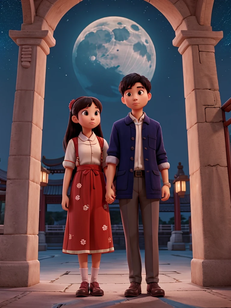 A girl and a Chinese man holding hands under the moon 🌑
