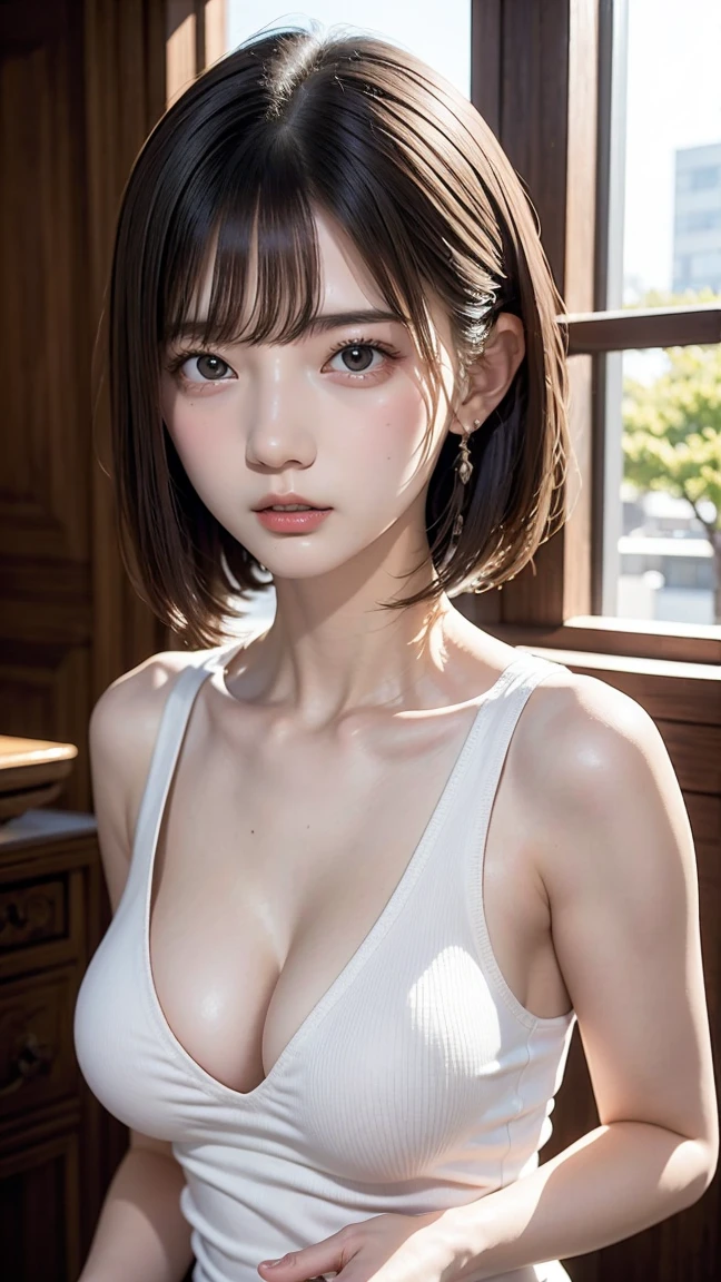 Mastepiece, highest quality, Photorealistic, finely, High resolution, 8K Wallpaper, Perfect dynamic composition, Sharp focus, Surreal, Beautiful and fine details, Medium Hair, Big and ample breasts, Random sexy poses, Chest to chest, (Beige tight O-neck knit tank top, Wide open cleavage:1.4, High cut pantia east bulge:1.2,(Emphasize cleavage, Tank tops that show off your bust:1.3)), Laughter, Open your mouth, Resort scenery, Age 25, (Drooling eyes:1.4), beauty, Japanese, Chain Necklaces, Big earrings, Photographed from the front