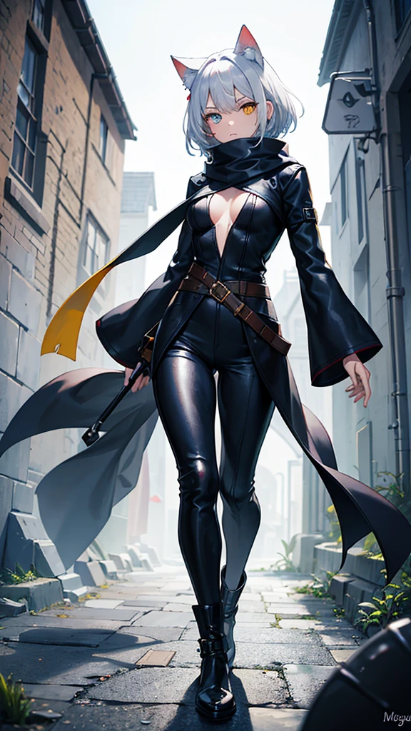work of art, best qualityer, high resolution, 1 girl, synonym 1, scarf, short hair, mitts, ninja mask, long sleeves, leather pants, White hair, Cat's ears, cat tail, roupas de rogue, leather pants, holding, holding faca, heterochromia, yellow eye, blue eye, 14 eyes old, hooded cloak, rogue rpg, rpg, ninja, ruins, medioval