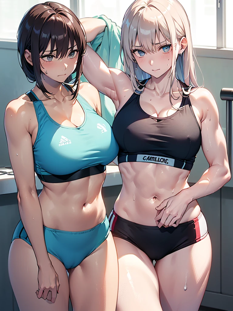 (Sweat, White skin:1.5、Light gray sports bra, Wet clothing), cameltoe, Brand logo on the bra, Fitness, Bodybuilding Poses, ((ブラにSweat染み:1.5, Sweatで濡れている, Sweat染み))