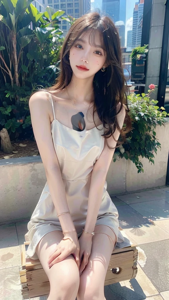 Neat and clean high school girl、((((slim、slender、Flat Chest、Large white silk camisole、White panties))))、Outside the stadium、Realistic、detailed, Skin Texture, 超detailed、Delicate and sexy collarbone、A sloppy smile、スーバーdetailedな顔、detailed唇、detailedな目、Small breasts、Small breasts、、Small breasts、Flat Chest、Accentuate your breasts、Bright Face、((Are standing、スカートからWhite pantiesが見えている、Lift the hem of your skirt slightly with both hands..,,)), Short hair with bangs、Straight Bob Hair、Angle from quite a top、16 years old