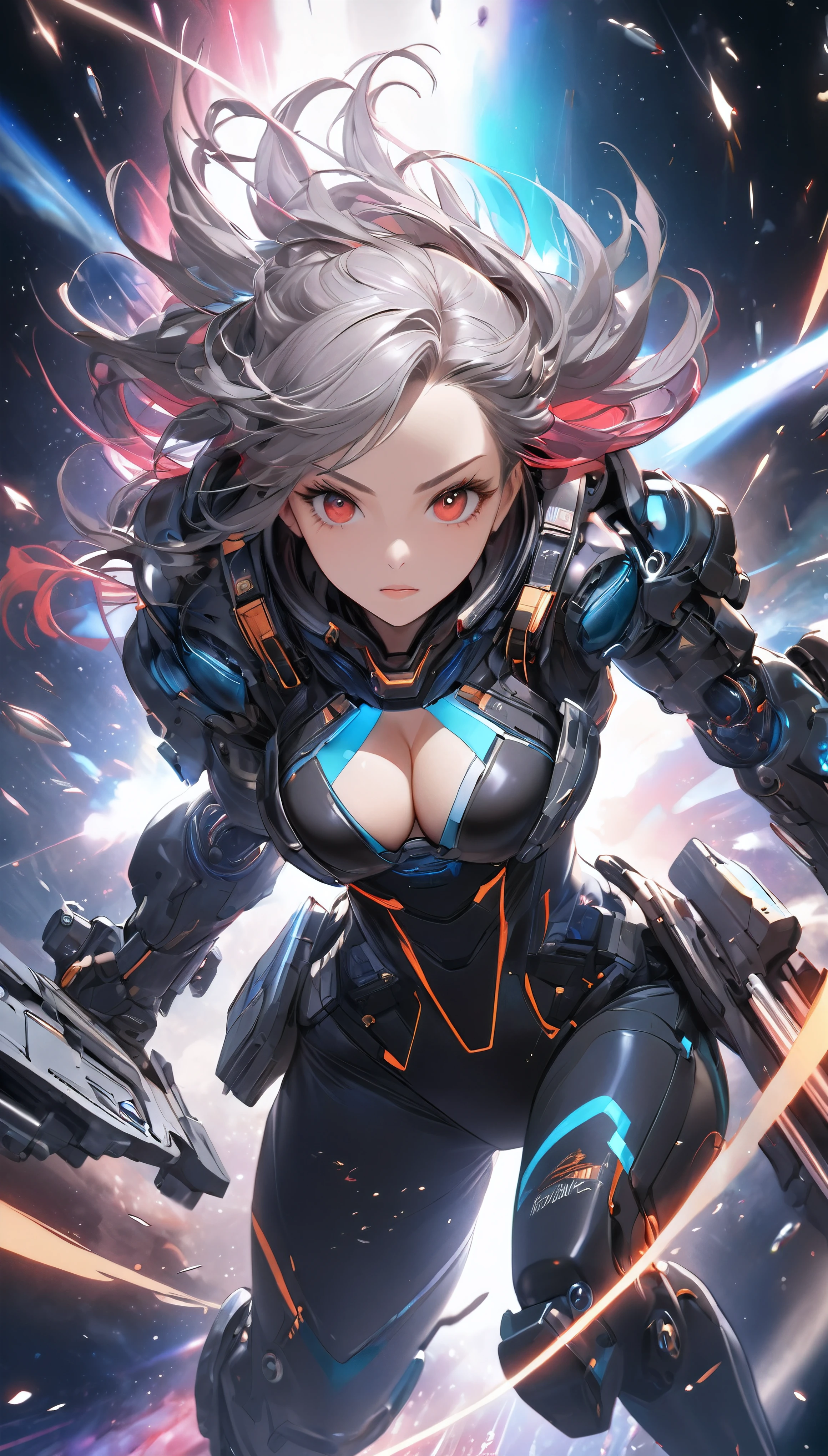 Electronic illustrations of women with mechanized armor and guns in outer space, one girl, breasts, ships, weapons, military vehicles, mecha girls, guns, big breasts, space battleships, science fiction, aircraft, cleavage, weapons hold and look at the viewer,Robot-Girl,starrystarscloudcolorful,