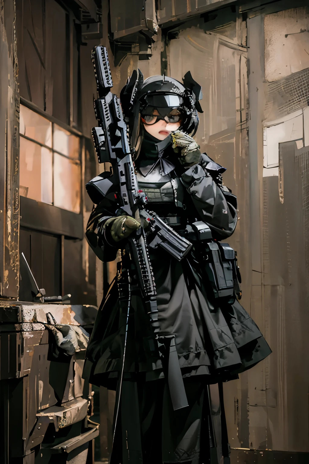 4k,masterpiece,victorian maid,tactical gear, standing,wearing tactical vest,tactical vest,high cut military helmet, night vision googles,holding H&K hk416, Maid,Anime,Anime girl