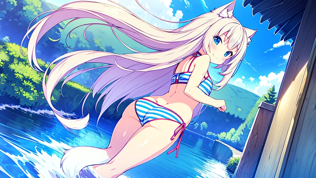 (Masterpiece), (High quality anime illustration), (Super definition), A girl, Alone, Beautiful silver hair girl, anime change, cat ear , , emphasis on the thigh, Striped bikini, SMILE, buttocks, buttocks Up, Back, South Island Sea, water, Tarot Card Wind