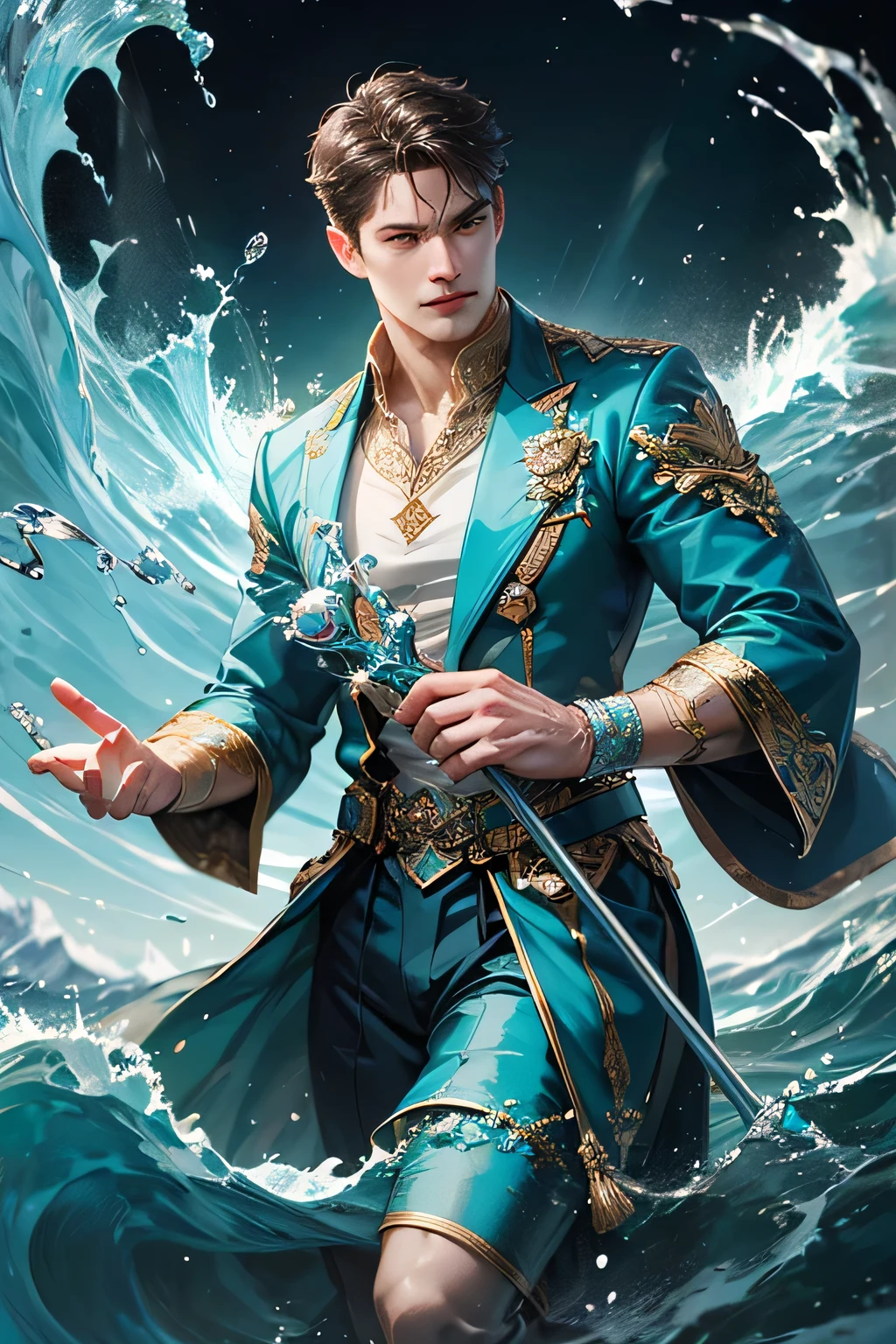 "Create an ultra-realistic image of a handsome 42-year-old man holding an aqua magical staff that emanates the powerful essence of water. Depict him surrounded by flowing currents, cascading waves, and shimmering droplets to highlight his command over the element of aqua. He should have an aqua sign marked on his body, signifying his role as the keeper of aqua and showcasing the dynamic, fluid energy of water he possesses within him."