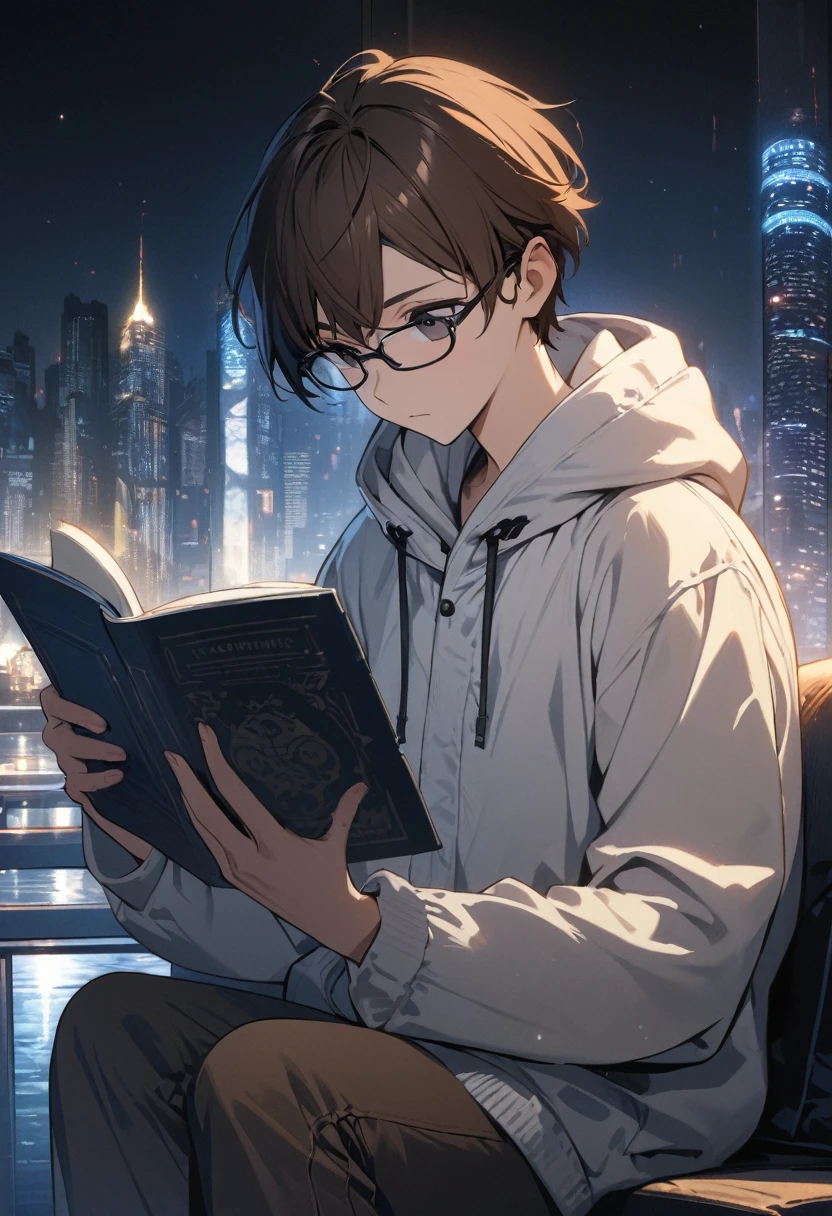(BEST QUALITY), (MASTERPIECE), illustration, Extremely_detail, 4k wallpaper , midnight, man, white hoodie parka, brown jeans, 18 years old , brown Hair, short hair, black eyes, eye glasses, reading a book, smart, Background of the city