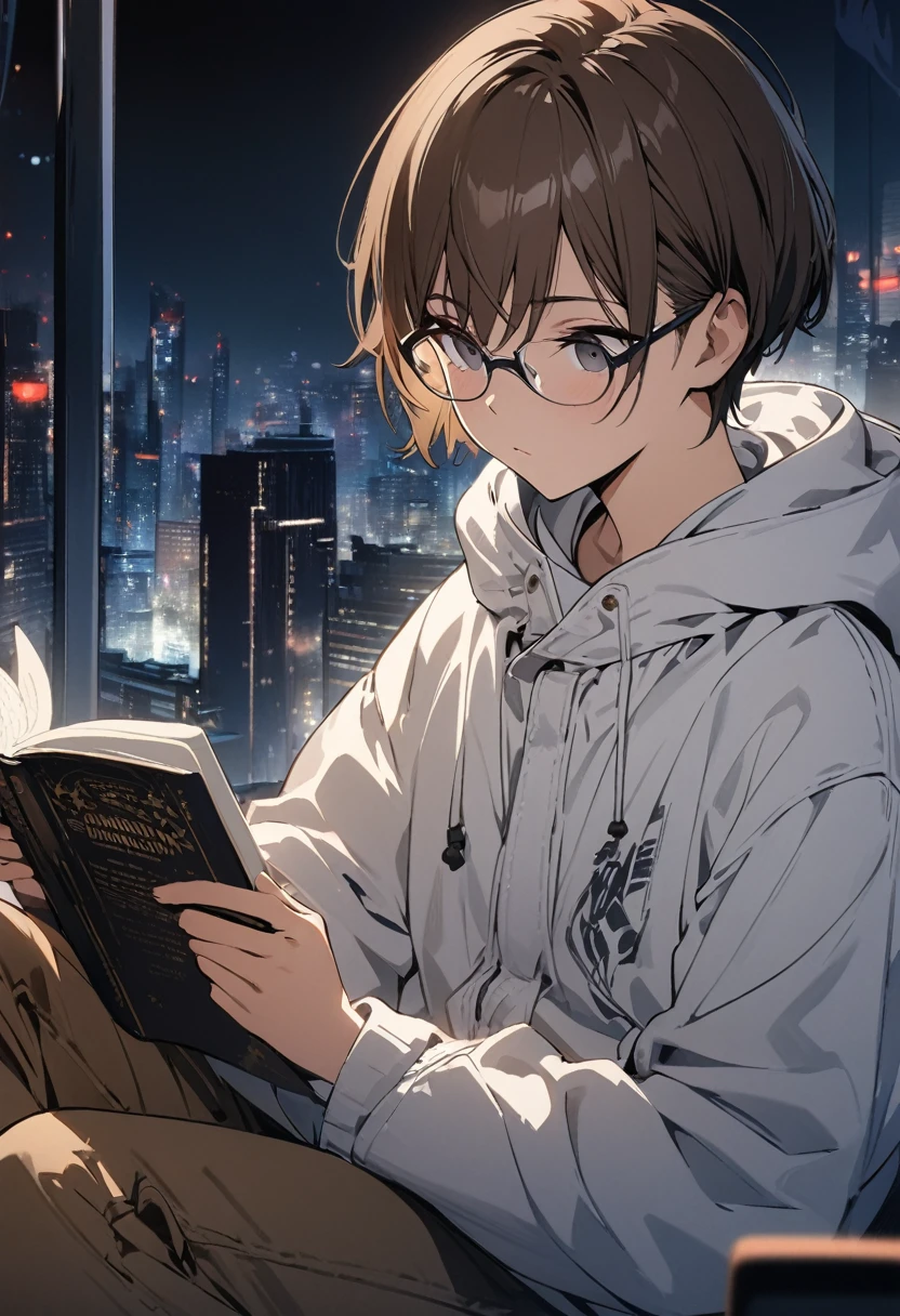 (BEST QUALITY), (MASTERPIECE), illustration, Extremely_detail, 4k wallpaper , midnight, man, white hoodie parka, brown jeans, 18 years old , brown Hair, short hair, black eyes, eye glasses, reading a book, smart, Background of the city