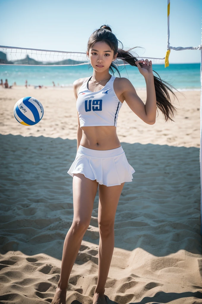 masterpiece，best quality，beach volleyball girl，Wear a short skirt，The upper body is sporty and cute，The background is the beach，((There is a volleyball net present))（Extremely detailed 8K wallpaper），（best quality），（Best illustration），（Best shadows），absurd，realistic lighting，（abyss），Beautiful detailed glow，PeterMohrBacherArt，beach volleyball girl，((Full body photo 1.7))