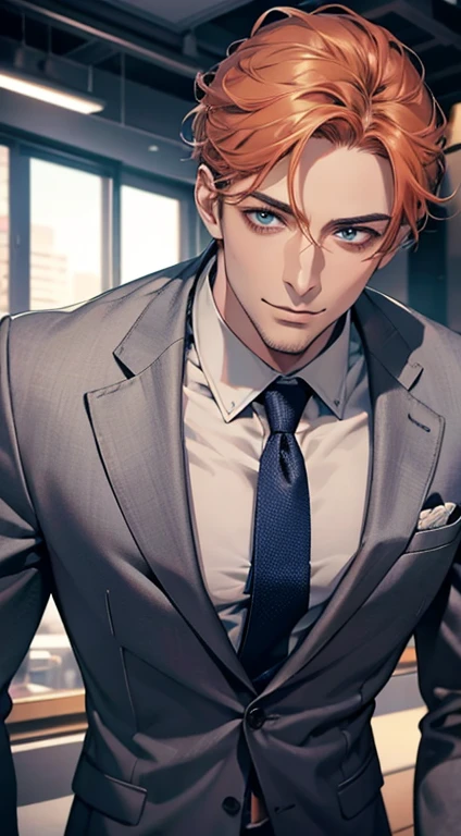 (best quality,4k,8k,highres,masterpiece:1.2),ultra-detailed,(realistic,photorealistic,photo-realistic:1.37),1 man,31 years old,mature man,very handsome,without expression,smile,short grey b
Orange hair,blue eyes,penetrating gaze,perfect face without errors,imposing posture,businessman,office background,cinematic lighting,hdr image