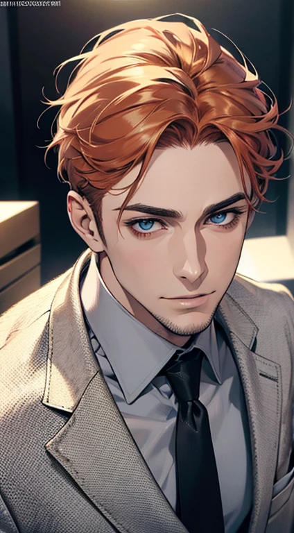 (best quality,4k,8k,highres,masterpiece:1.2),ultra-detailed,(realistic,photorealistic,photo-realistic:1.37),1 man,31 years old,mature man,very handsome,without expression,smile,short grey b
Orange hair,blue eyes,penetrating gaze,perfect face without errors,imposing posture,businessman,office background,cinematic lighting,hdr image