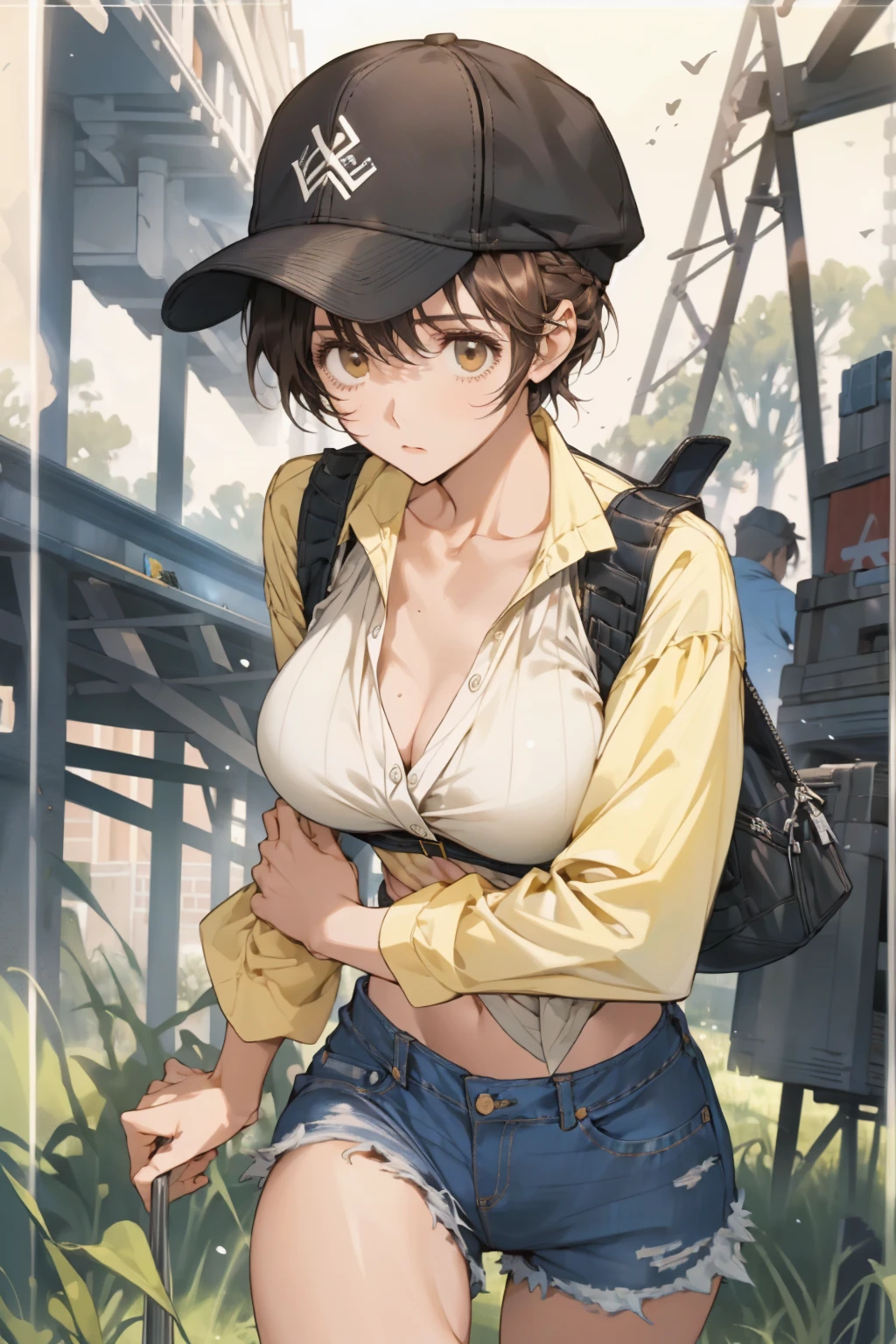 beautiful, (masterpiece:1.2), (Best quality:1.2), Perfect eyes, Perfect face, perfect ligthing, 1 girl, he himself, Back off, Back chest, Baseball cap, black, , Brown hair, Top of crop, tipping point, denim, 牛仔shorts, Back to, From the back, With cleavage, High Legs, High Legs, White hair, median furrow, , 微型shorts, , Ponytail, shorts, shorts, Side breast, background, Solitary, Vest, thigh, Pass, Lower Bust, Improper attire, site, grassland, aisle, Huge breasts, Wide hips, Keep your arms at your sides