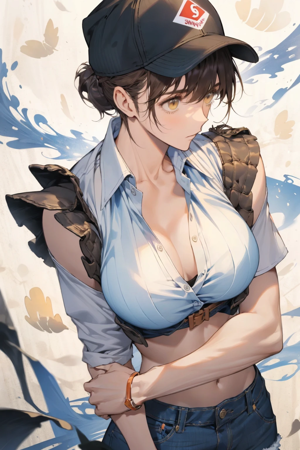 beautiful, (masterpiece:1.2), (Best quality:1.2), Perfect eyes, Perfect face, perfect ligthing, 1 girl, he himself, Back off, Back chest, Baseball cap, black, , Brown hair, Top of crop, tipping point, denim, 牛仔shorts, Back to, From the back, With cleavage, High Legs, High Legs, White hair, median furrow, , 微型shorts, , Ponytail, shorts, shorts, Side breast,  background, Solitary, Vest, thigh, Pass, Lower Bust, Improper attire, site, grassland, aisle, Huge breasts, Wide hips, Keep your arms at your sides