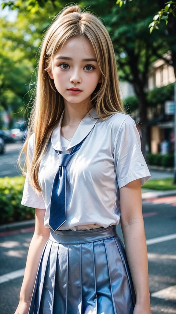( cute sexy little beautiful face)、Shiny hair dancing in front of a pretty face, Long silky bangs, Sexy and cute baby-faced n witnde hair, Shining light straight hair, Very beautiful large pale light blue eyes, Small Face Beauty, Fair and glowing skin, (School uniform), Small beautiful breasts, ((Detailed eyes and face:1.2, Professional photography techniques)), Highest quality, 8K, masterpiece, RAW Photos, Photorealism, View the viewer, blush
