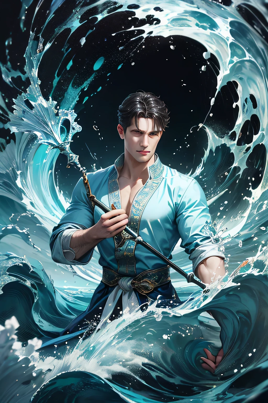 Best quality, masterpiece, super high resolution, hanfu, jade water book, black hair, water, waves, crashing waves, spells, fa gong, (absurd, high resolution, super detailed), Asian, 1 male, eighteen-year-old boy, handsome, tall muscular man, broad shoulders, very short hair, bottom cut, dark brown eyes, fine eyes and detailed face, extremely detailed CG Unity 8k wallpaper, intricate details, (style swirl magic: 0.7), looking at the audience, solo, (full body: 0.6), detailed background, detailed face, (European medieval fantasy theme: 1.1), hair fluttering in the wind, martial artist, dynamic pose, fighting stance, clenched fists, fingerless gloves, wristbands, dragon-themed costumes, monk robes, , spinning floating particles, dynamic composition, upper body naked, big muscles, white rubber pants,