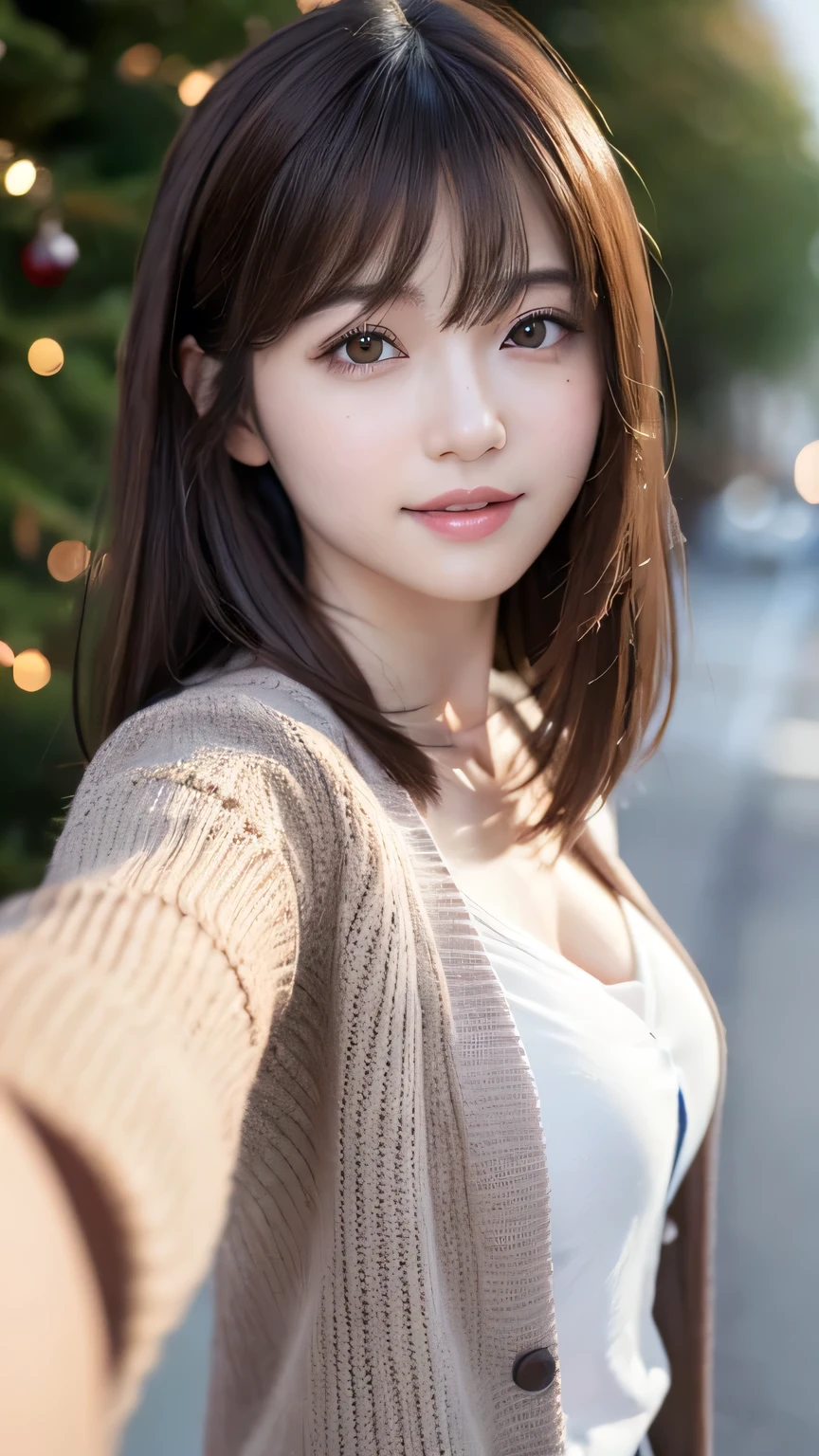 (Tabletop:1.3), High resolution, Ultra-detailed, Highly detailed CG Unity 8k wallpaper, Realistic, Photorealistic, RAW Photos, Beautifully detailed face, Pale skin, Realistic glitter skin, Detailed cloth texture, Detailed hair texture, Beautiful Face, Acura, Anatomically correct, Highly detailed face and skin texture, Natural neck length, (Fair skin:1.2), (solo)、Brown Hair、⦅Medium Hair⦆、With bangs、Japanese female, 20 years old、Detailed eyes,Harajuku、Cute realistic pictures,⦅Smile 1.6⦆Looking into the camera、Mid-breasted、(Selfie)、⦅かわいいSmile 1.6⦆、Cardigan coat、Now it's falling、Christmas tree