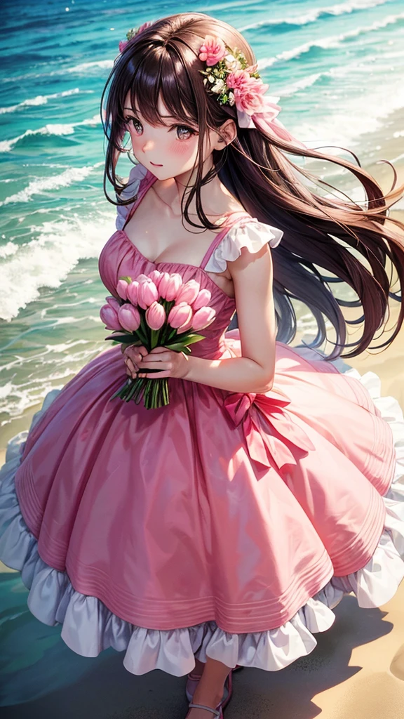 
Create a 6 profile picture of a Matured Women but different faces and hair style wearing a pink beach dress she is holding a pink tulips with her both hands and her hair is brown and the background is beach theme wedding she is a bridesmaid 