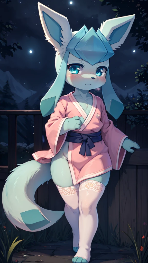 chibi kemono, art by dagasi, (toddler:1.5), beautiful girl, Uploaded to e621.net, fox boy, (Pixelsketcher), (wamudraws), (masterpiece), (HD), (high res), (feet visible), (furry anthro), (detailed fur), (detailed shading), (beautiful render art), anthro Glaceon, cyan eyes, glowing eyes, neon eyes, (toddler glaceon), furry, (blue fur), glaceon ears, snout, [(slim figure, flat chest, skinny)], (curvy hips), (beautiful legs), spectral color, (wearing a Kimono, beautiful and detailed light grey kimono), white lace stockings, (really dark night:1.5), [zero lighting], northern lights in the background, looking at the viewer with longing, full face blush, heavy breath, shy expression eyes, Glaceon, opening her legs as a seduction