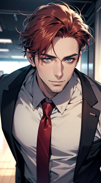 (best quality,4k,8k,highres,masterpiece:1.2),ultra-detailed,(realistic,photorealistic,photo-realistic:1.37),1 man,31 years old,mature man,very handsome,without expression,smile,short grey red hair,blue eyes,penetrating gaze,perfect face without errors,imposing posture,businessman,office background,cinematic lighting,hdr image