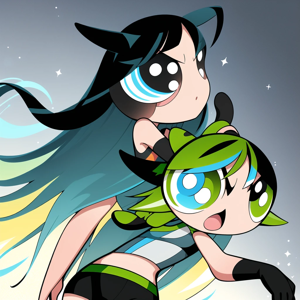 jianxindef, (long hair, gradient hair, black hair:1.3), chibi, 1girl, multicolored hair , green eyes,  gloves, jewelry, black shorts, asymmetrical gloves, (upper body),