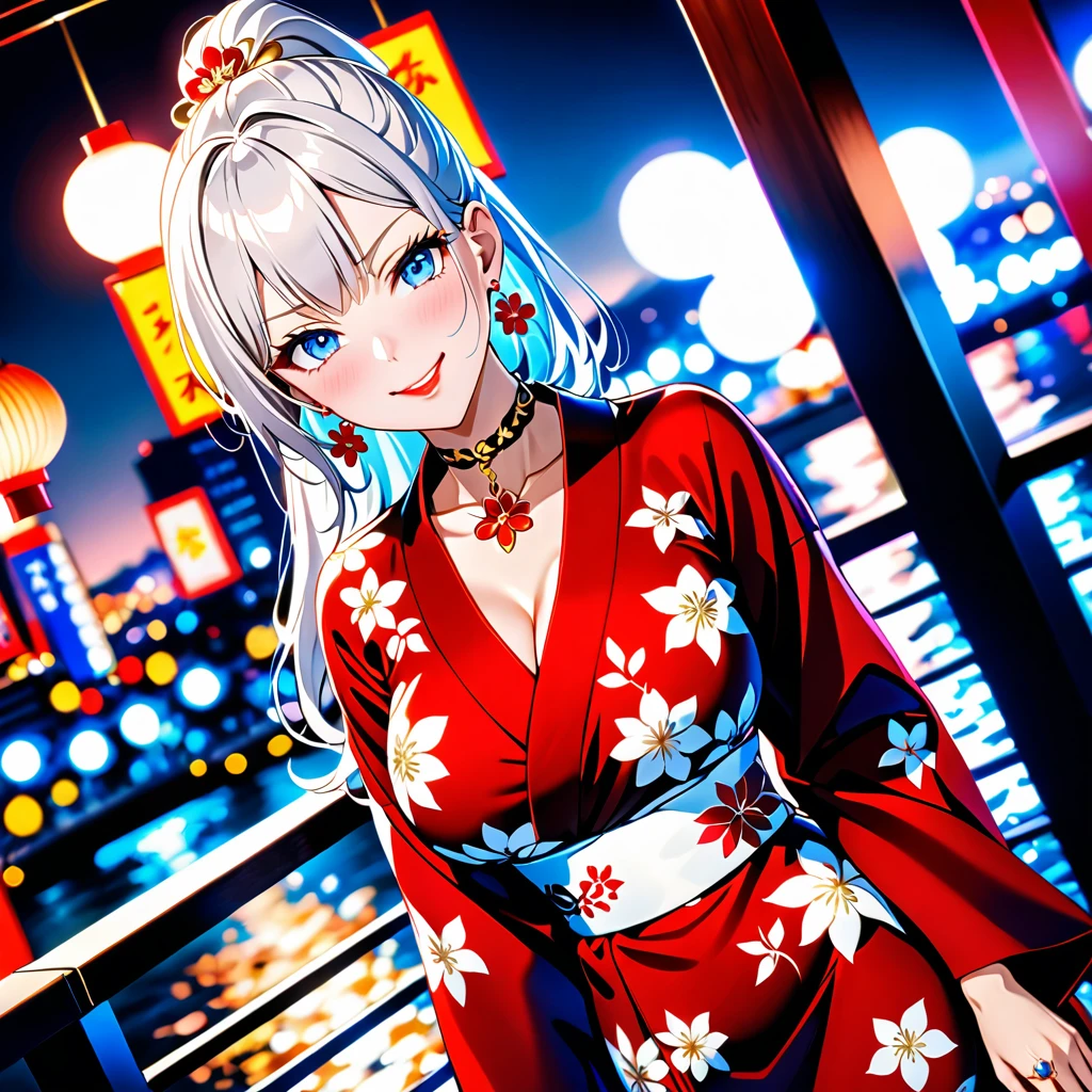 ((one personの女性)), Beautiful Face, (Laughing embarrassedly), (smirk:1.4), ((wink:1.5)), (head tilt:1.3), Laugh with your mouth wide open, upper teeth, looking at viewer, (Doing sexy poses), ((Bright red cheeks:1.4)), Glossy Red Lips, night,Terrace with sea view, firework, Glossy pink lips, Shining Face, ((Anime style background)),masterpiece, Highest quality, so beautiful,up to date, complex details, (long nails of red color), (nail art), (ring),(bracelet),(Floral choker), (helix piercing), AI-generated, complex,High resolution, Highest quality, super high quality,3D Images、3D Images,one person,Long white hair,High Ponytail, Anime woman posing for a photo, ((blue eyes:1.2)), ((Fine grain、Silvery white eyes、Shining Eyes:1.1)), (Squint your eyes:1.1),a hyperRealistic , hyperRealistic , Realistic,Anime woman with long white hair, Smooth anime CG art, (A woman in a colorful kimono with gold embroidery), ((Black long sleeve kimono:1.3)), Red floral pattern,Long flower hair ornament,Earrings,Mature Body,(Big Breasts:1.2),Tall,Abdominal muscles,Tight waist, ((face focus:1.5)), (dutch angle:1.3),