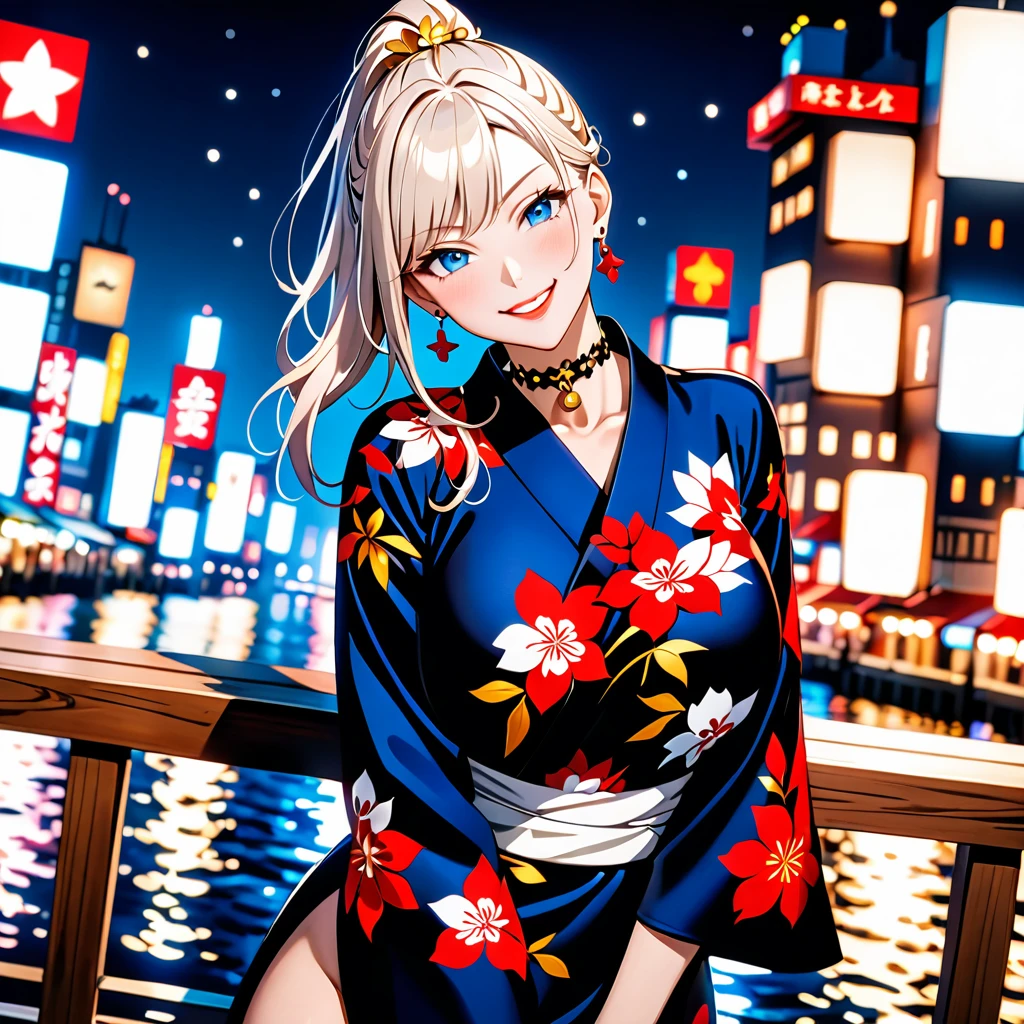 ((one personの女性)), Beautiful Face, (Laughing embarrassedly), (smirk:1.4), ((wink:1.5)), (head tilt:1.3), Laugh with your mouth wide open, upper teeth, looking at viewer, (Doing sexy poses), ((Bright red cheeks:1.4)), Glossy Red Lips, night,Terrace with sea view, firework, Glossy pink lips, Shining Face, ((Anime style background)),masterpiece, Highest quality, so beautiful,up to date, complex details, (long nails of red color), (nail art), (ring),(bracelet),(Floral choker), (helix piercing), AI-generated, complex,High resolution, Highest quality, super high quality,3D Images、3D Images,one person,Long white hair,High Ponytail, Anime woman posing for a photo, ((blue eyes:1.2)), ((Fine grain、Silvery white eyes、Shining Eyes:1.1)), (Squint your eyes:1.1),a hyperRealistic , hyperRealistic , Realistic,Anime woman with long white hair, Smooth anime CG art, (A woman in a colorful kimono with gold embroidery), ((Black long sleeve kimono:1.3)), Red floral pattern,Long flower hair ornament,Earrings,Mature Body,(Big Breasts:1.2),Tall,Abdominal muscles,Tight waist, ((face focus:1.5)), (dutch angle:1.3),