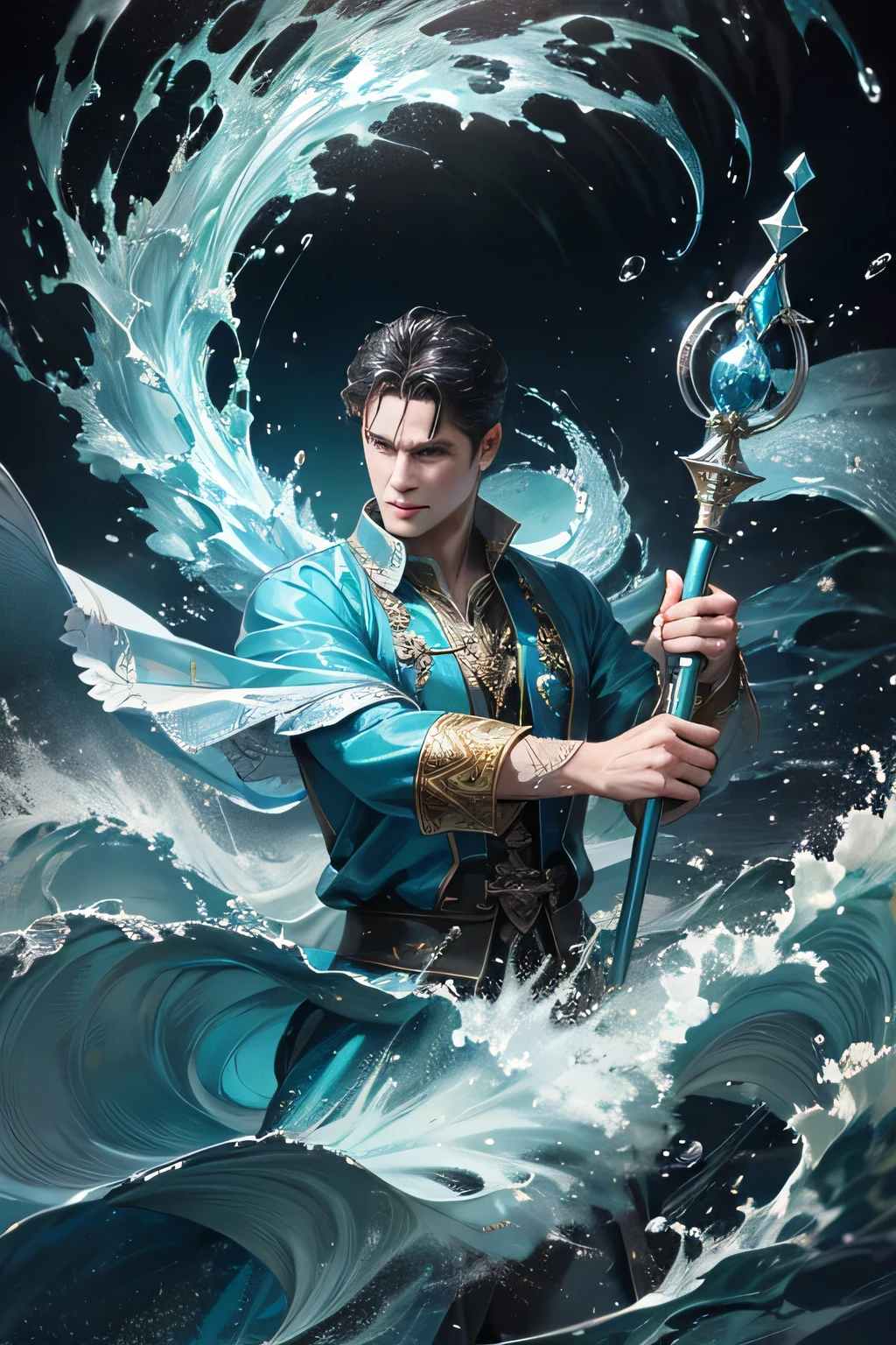 "Create an ultra-realistic image of a handsome 42-year-old man holding an aqua magical staff that emanates the powerful essence of water. Depict him surrounded by flowing currents, cascading waves, and shimmering droplets to highlight his command over the element of aqua. He should have an aqua sign marked on his body, signifying his role as the keeper of aqua and showcasing the dynamic, fluid energy of water he possesses within him."