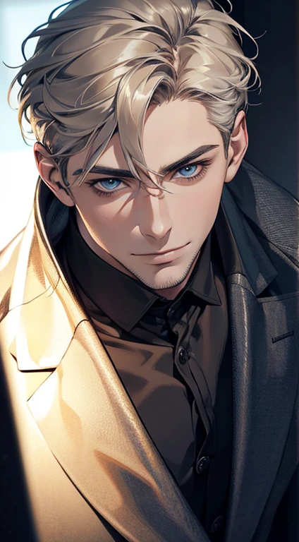 (best quality,4k,8k,highres,masterpiece:1.2),ultra-detailed,(realistic,photorealistic,photo-realistic:1.37),1 man,31 years old,mature man,very handsome,without expression,smile,short grey golden hair,blue eyes,penetrating gaze,perfect face without errors,imposing posture,businessman,office background,cinematic lighting,hdr image