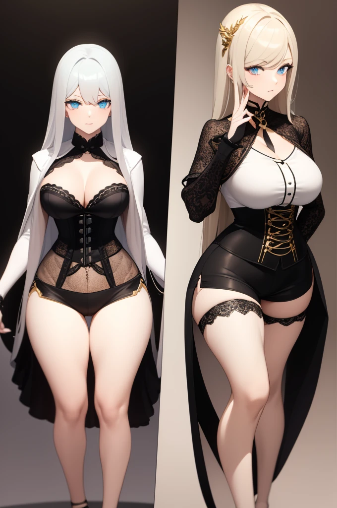 Elegant tall adult woman long white hair light blue eyes large breasts wide hips thick thighs wearing short black shorts with lace details, black corset with gold details and a white blouse with a low neckline in Genshin Impact features