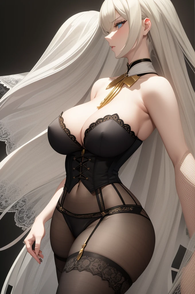 Elegant tall adult woman long white hair light blue eyes large breasts wide hips thick thighs wearing short black shorts with lace details, black corset with gold details and a white blouse with a low neckline in Genshin Impact features