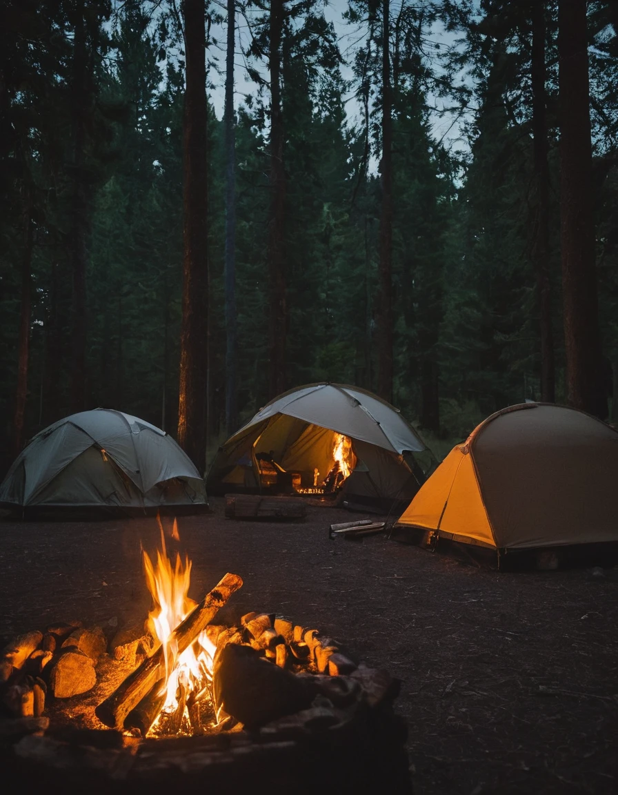  barrel fires and tents, camping, interior of a tent, campfire in background, adventuring gear, camp fire, cozy environment, glamping, cozy setting, campsites, adventure gear, at a campfire in the forest, campfire, accurate and detailed, night time, outdoor campfire pit, peaceful environment