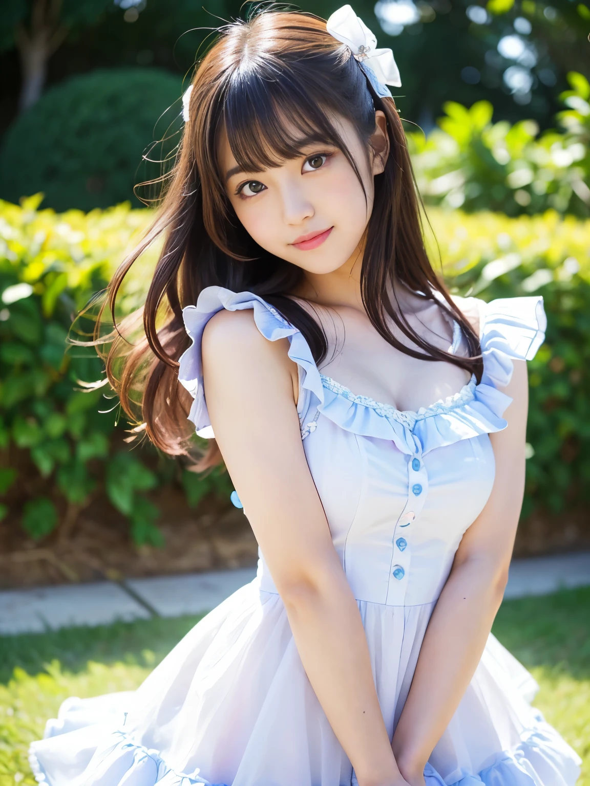 (Best-quality, Masterpiece, Ultra-High-Resolution, (Photorealistic:1.4), Raw Photo, depth of field, professional lighting, perfect anatomy, extremely details), 1girl, 15-years-old, the most famous Japanese idol, (dynamic pose, dramatic angle), (wearing extremely cute-frilly and extremely cute-lacy dress with cute-design), (extremely cute and extremely childish face like the most popular Japanese idol,((extremely cute and extremely big eyes)), extremely beautiful hair, ((extremely beautiful skins)), extremely cute long-eyelashes, extremely cute lips), looking at viewer, (innocent smile), short body, extremely cute thighs